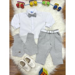 Conjunto Social Bebê Camisa Branca Calça Gravata e Colete Cinza
