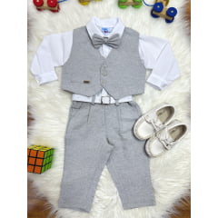 Conjunto Social Bebê Camisa Branca Calça Gravata e Colete Cinza