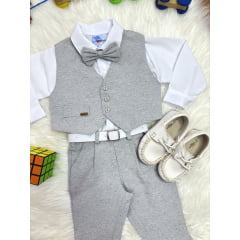 Conjunto Social Bebê Camisa Branca Calça Gravata e Colete Cinza