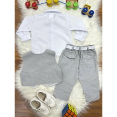 Conjunto Social Bebê Camisa Branca Calça Gravata e Colete Cinza
