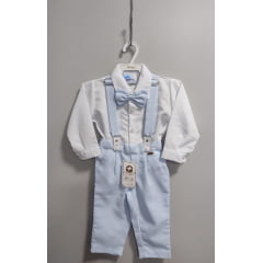 Conjunto Social Bebê Camisa Branca Calça Gravata e Susp. Azul
