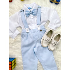 Conjunto Social Bebê Camisa Branca Calça Gravata e Susp. Azul