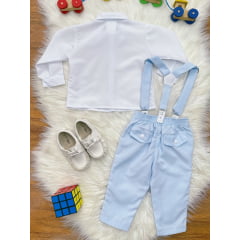 Conjunto Social Bebê Camisa Branca Calça Gravata e Susp. Azul