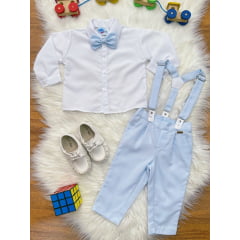 Conjunto Social Bebê Camisa Branca Calça Gravata e Susp. Azul