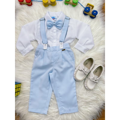 Conjunto Social Bebê Camisa Branca Calça Gravata e Susp. Azul