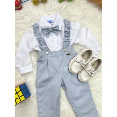 Conjunto Social Bebê Camisa Branca Calça Susp. e Gravata Azul