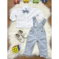 Conjunto Social Bebê Camisa Branca Calça Susp. e Gravata Azul
