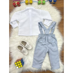 Conjunto Social Bebê Camisa Branca Calça Susp. e Gravata Azul