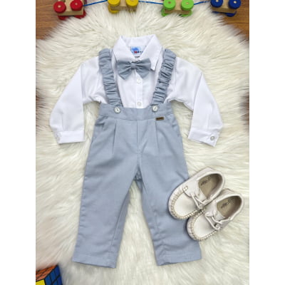 Conjunto Social Bebê Camisa Branca Calça Susp. e Gravata Azul