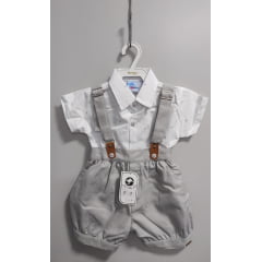 Conjunto Social Bebê Camisa Branca Short Gravata e Susp. Cinza