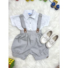 Conjunto Social Bebê Camisa Branca Short Gravata e Susp. Cinza
