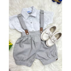 Conjunto Social Bebê Camisa Branca Short Gravata e Susp. Cinza