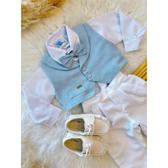 Conjunto Social Bebê Camisa Colete e Gravata Azul C/ Calça Branca