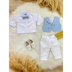 Conjunto Social Bebê Camisa Colete e Gravata Azul C/ Calça Branca
