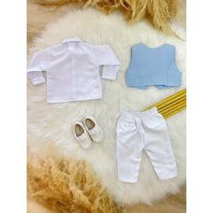 Conjunto Social Bebê Camisa Colete e Gravata Azul C/ Calça Branca