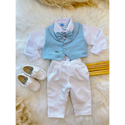 Conjunto Social Bebê Camisa Colete e Gravata Azul C/ Calça Branca
