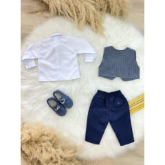 Conjunto Social Bebê Camisa Colete e Gravata Cinza C/ Calça Azul M.