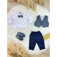 Conjunto Social Bebê Camisa Colete e Gravata Cinza C/ Calça Azul M.