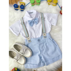 Conjunto Social Bebê Short Susp. Azul Claro e Camisa Branca