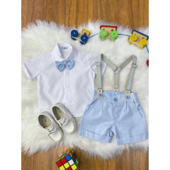Conjunto Social Bebê Short Susp. Azul Claro e Camisa Branca