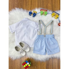 Conjunto Social Bebê Short Susp. Azul Claro e Camisa Branca