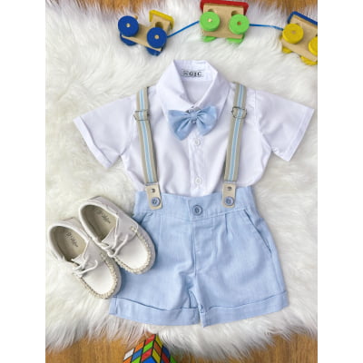 Conjunto Social Bebê Short Susp. Azul Claro e Camisa Branca