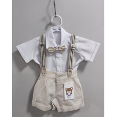 Conjunto Social Bebê Short Susp. Bege Claro e Camisa Branca
