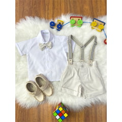 Conjunto Social Bebê Short Susp. Bege Claro e Camisa Branca