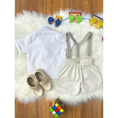 Conjunto Social Bebê Short Susp. Bege Claro e Camisa Branca