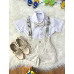 Conjunto Social Bebê Short Susp. Bege Claro e Camisa Branca