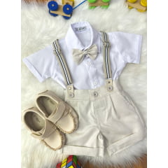 Conjunto Social Bebê Short Susp. Bege Claro e Camisa Branca