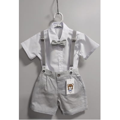 Conjunto Social Bebê Short Susp. Cinza Claro e Camisa Branca