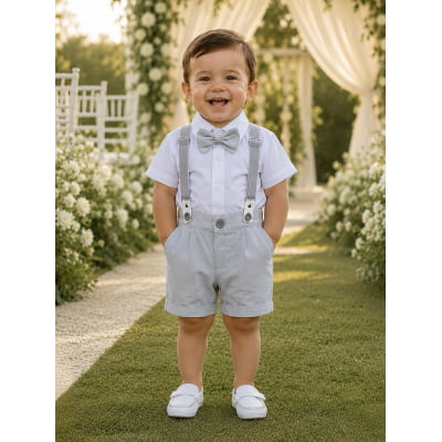 Conjunto Social Bebê Short Susp. Cinza Claro e Camisa Branca