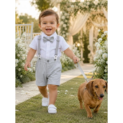Conjunto Social Bebê Short Susp. Cinza Claro e Camisa Branca