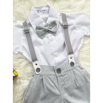 Conjunto Social Bebê Short Susp. Cinza Claro e Camisa Branca