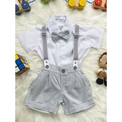Conjunto Social Bebê Short Susp. Cinza Claro e Camisa Branca