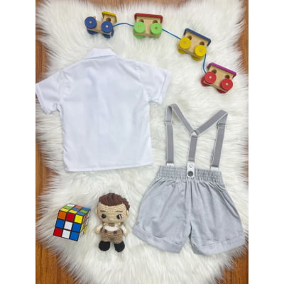 Conjunto Social Bebê Short Susp. Cinza Claro e Camisa Branca