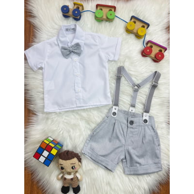 Conjunto Social Bebê Short Susp. Cinza Claro e Camisa Branca