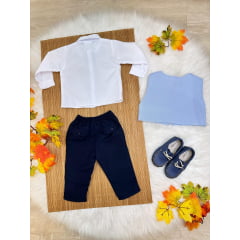 Conjunto Social Calça Colete Gravata Azul e Camisa Branca