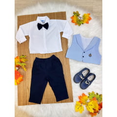 Conjunto Social Calça Colete Gravata Azul e Camisa Branca