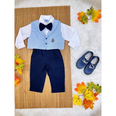 Conjunto Social Calça Colete Gravata Azul e Camisa Branca
