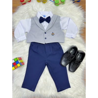 Conjunto Social Calça Colete Gravata Cinza e Camisa Branca