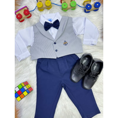 Conjunto Social Calça Colete Gravata Cinza e Camisa Branca