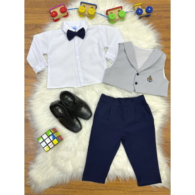 Conjunto Social Calça Colete Gravata Cinza e Camisa Branca