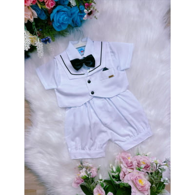 Conjunto Social Camisa Susp. Colete Gravata e Short Branco