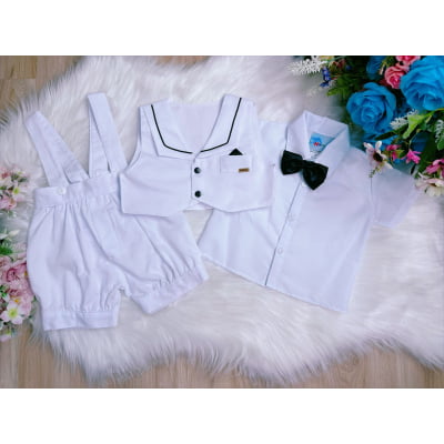 Conjunto Social Camisa Susp. Colete Gravata e Short Branco