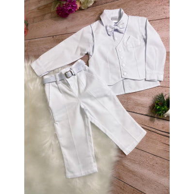 CONJUNTO SOCIAL MENINOS BRANCO CAMISA COLETE CALÇA GRAVATA