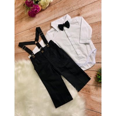Conjunto Social Meninos Calça Preta Camisa Susp. e  Gravata