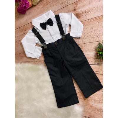 Conjunto Social Meninos Calça Preta Camisa Susp. e  Gravata