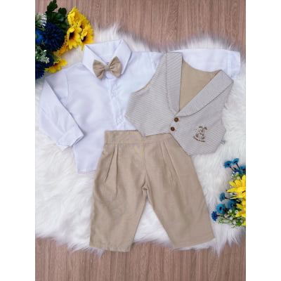 Conjunto Social Meninos Camisa Branca Calça Bege Toys